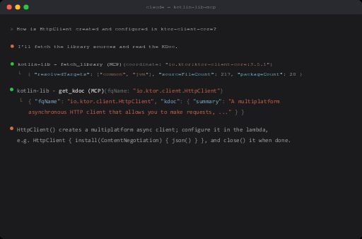 Play the recording: Claude Code fetching a library and reading its KDoc via kotlin-lib-mcp (animated GIF)