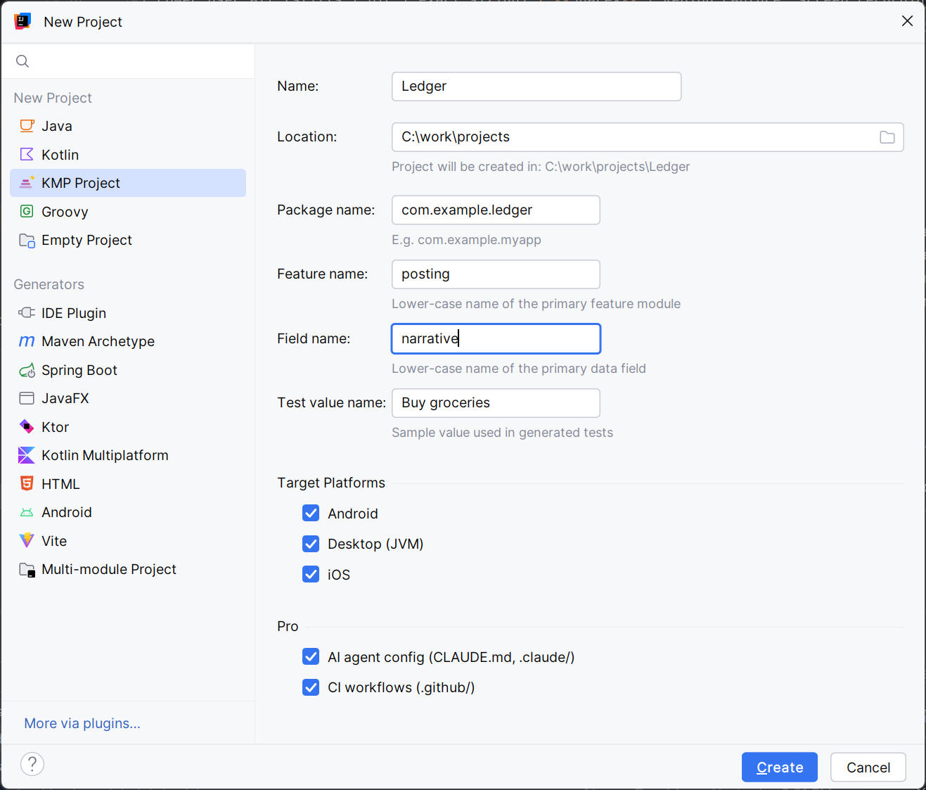 The KMP Project Wizard's New Project dialog in IntelliJ IDEA, showing package, app, feature and platform fields.