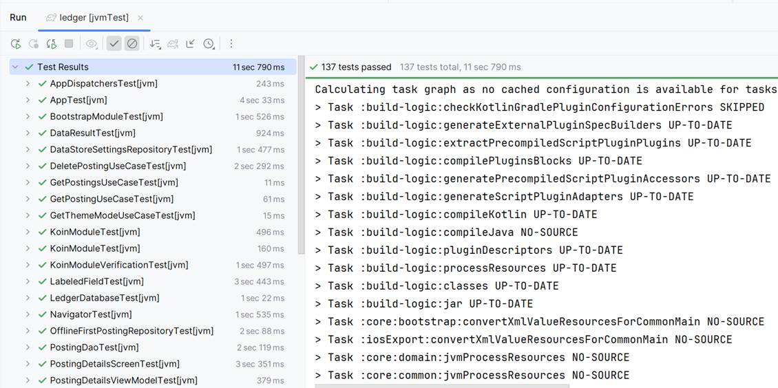 The generated project's JVM test suite in IntelliJ — 137 tests passed, all green.